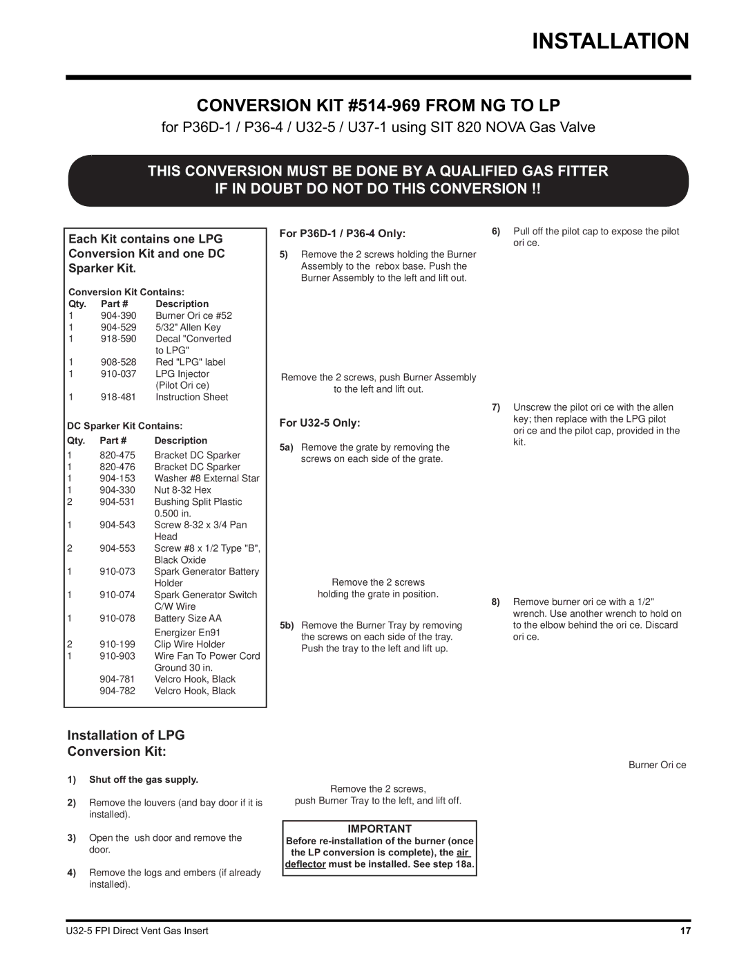 Hampton Direct U32 installation manual Conversion KIT #514-969 from NG to LP, For P36D-1 / P36-4 Only 