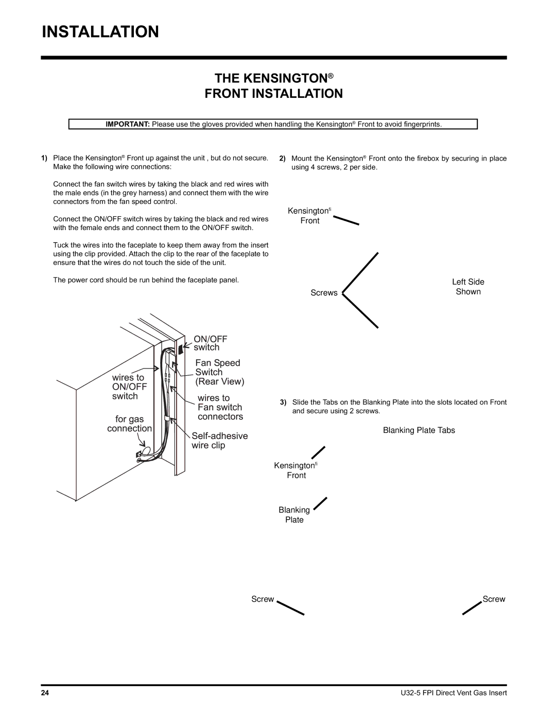 Hampton Direct U32 installation manual Kensington Front Installation, Left Side 