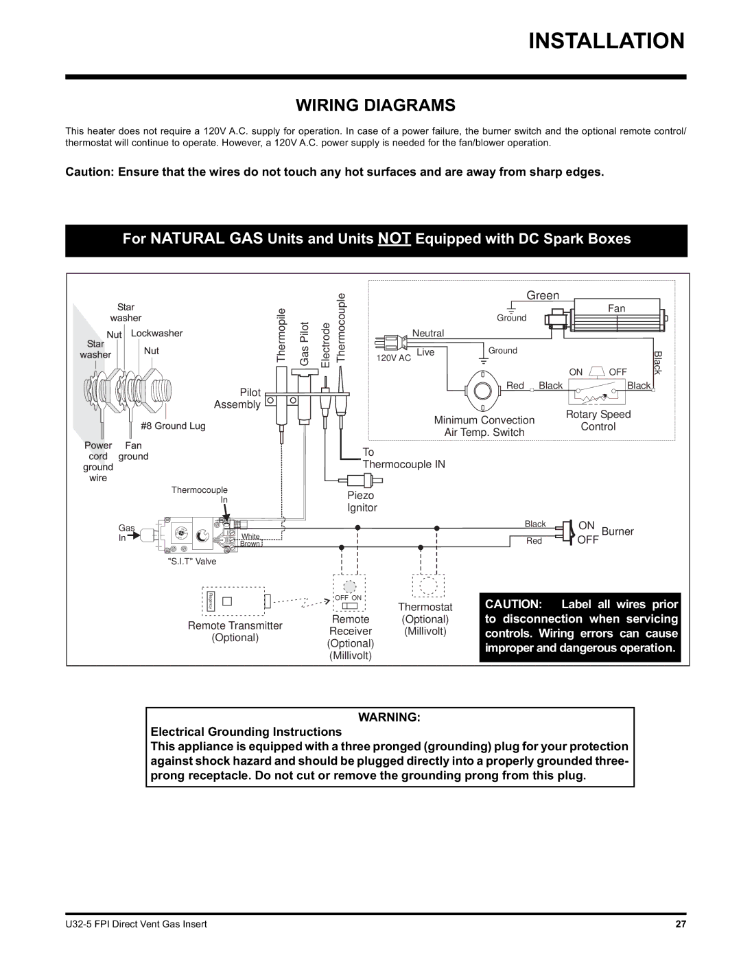 Hampton Direct U32 installation manual Wiring Diagrams, Electrical Grounding Instructions 