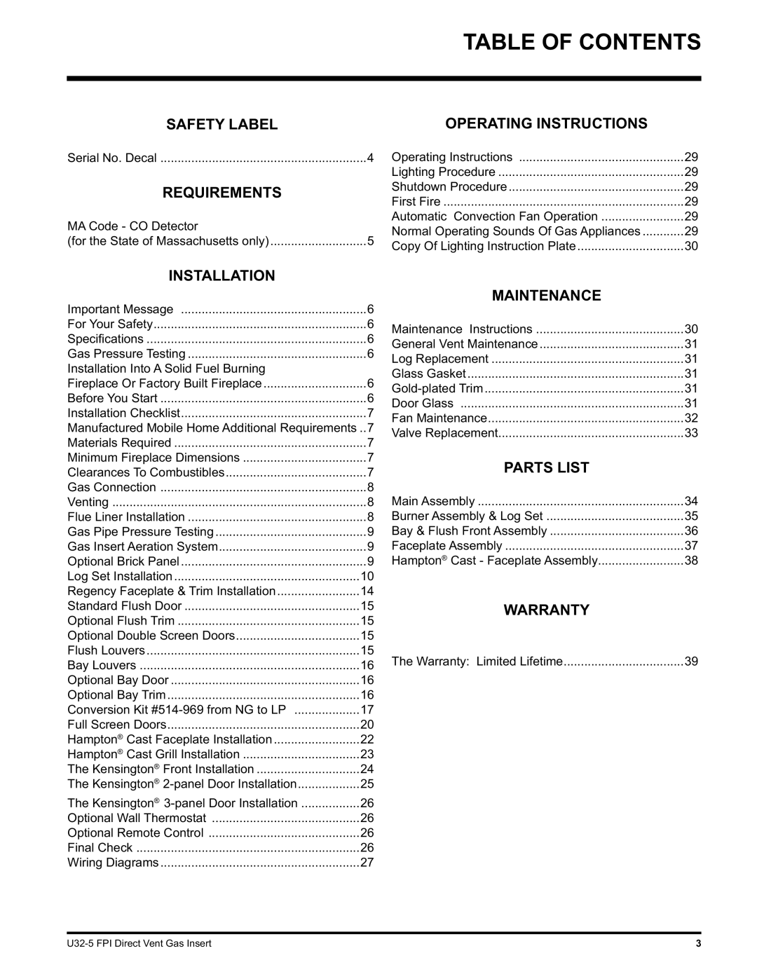 Hampton Direct U32 installation manual Table of Contents 