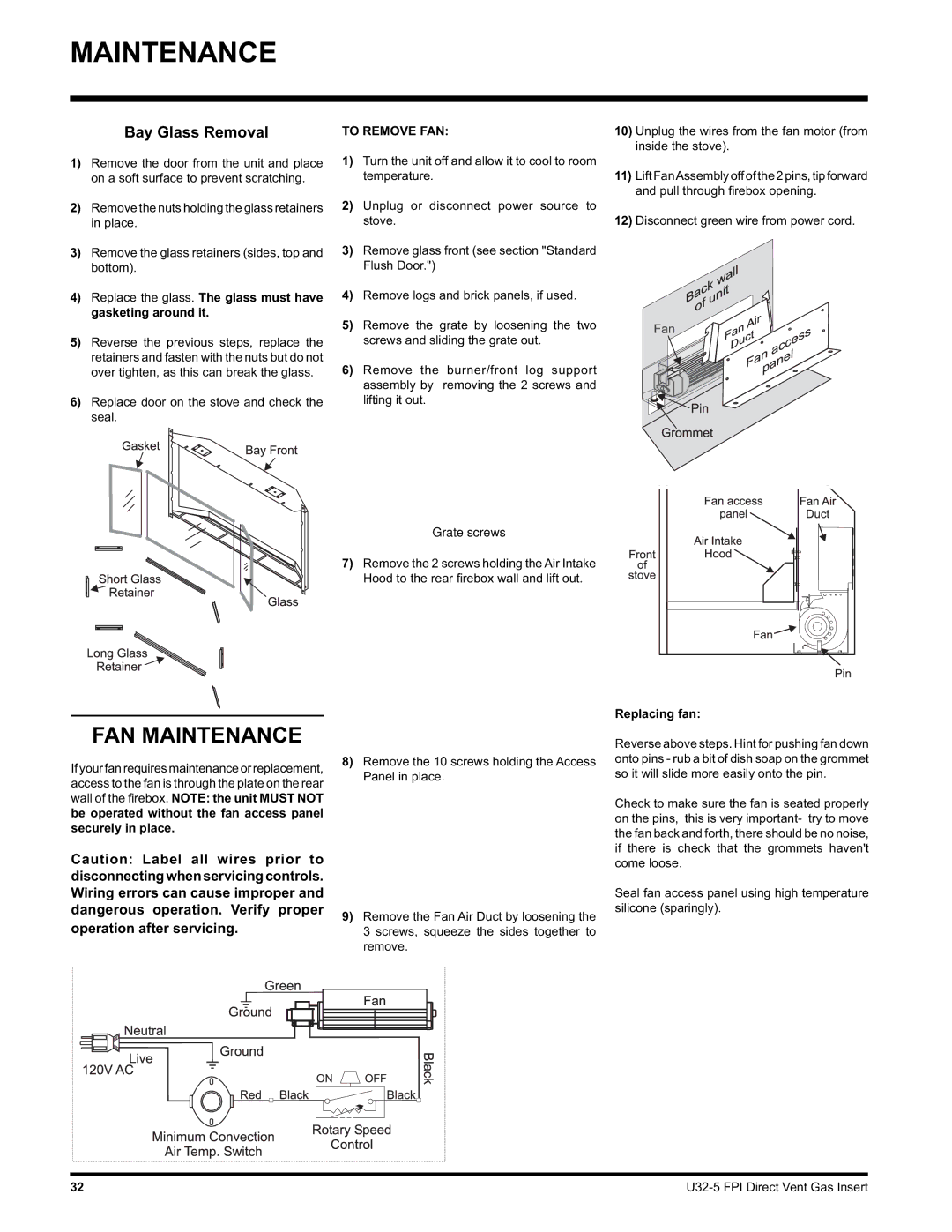 Hampton Direct U32 installation manual FAN Maintenance, Bay Glass Removal 