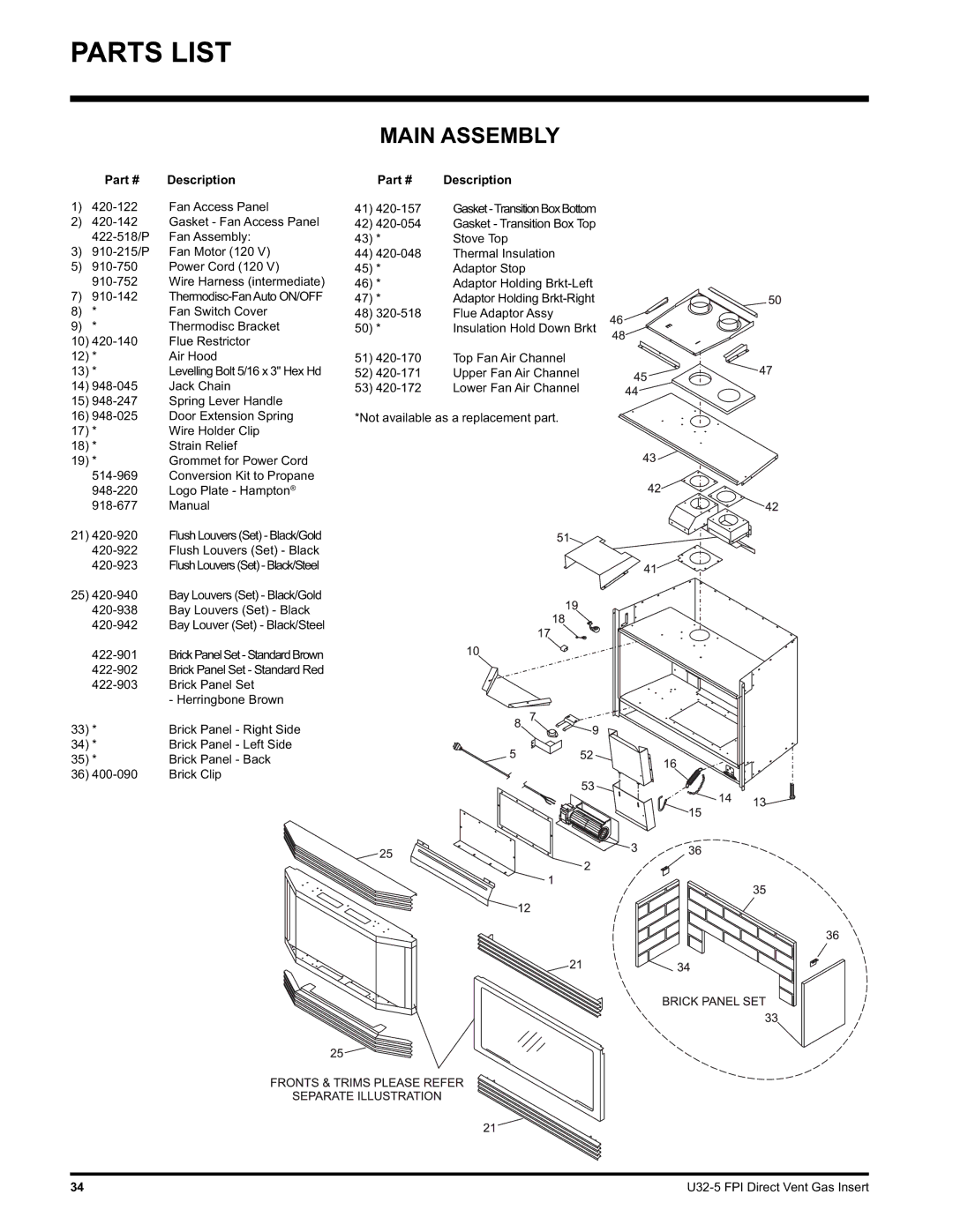 Hampton Direct U32 installation manual Parts List, Main Assembly 