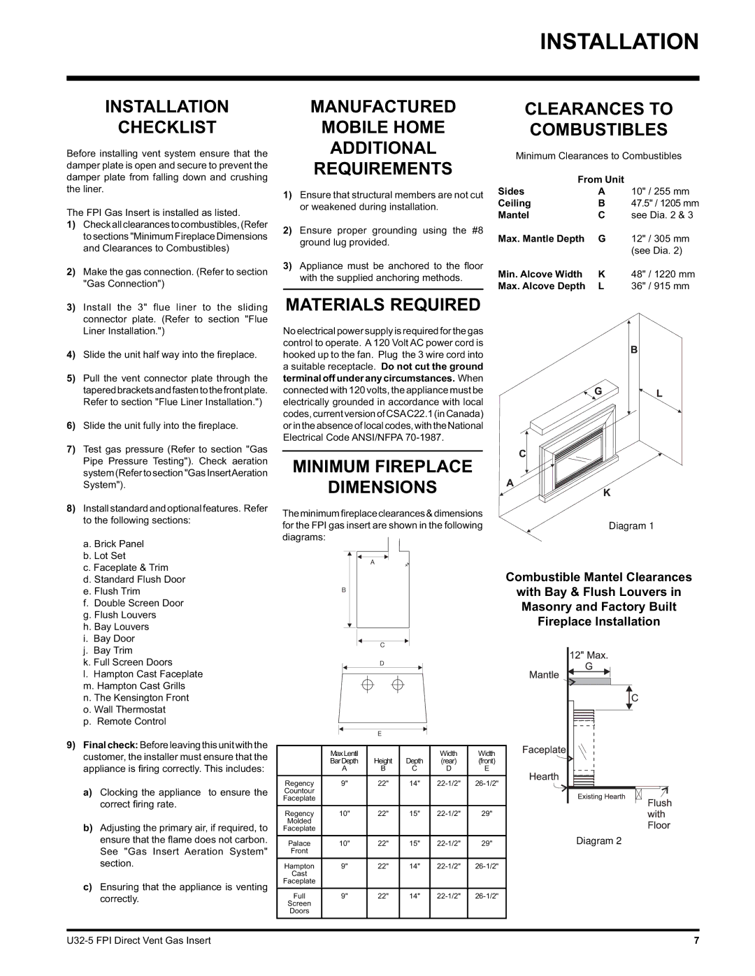 Hampton Direct U32 Installation Checklist, Manufactured Mobile Home Additional Requirements, Clearances to Combustibles 