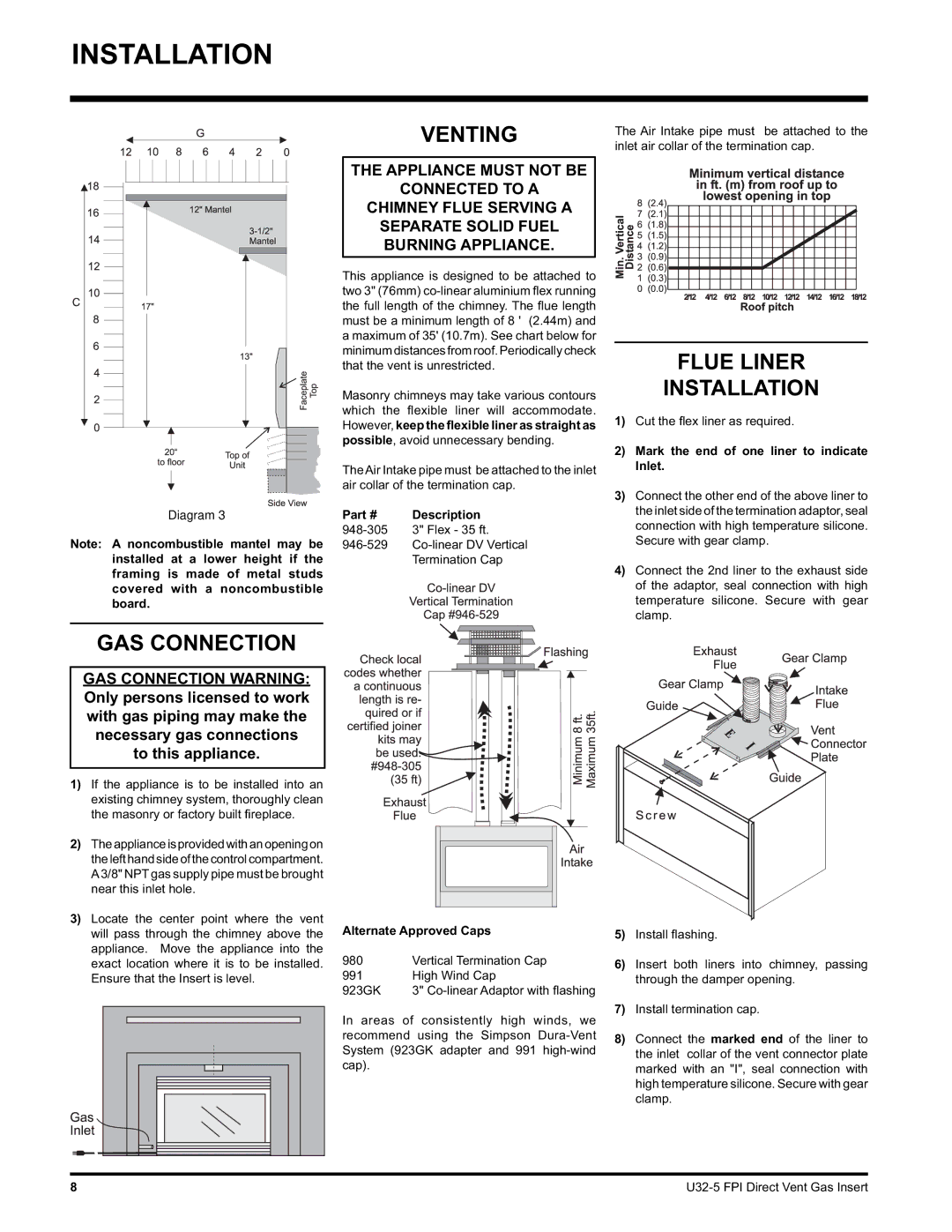 Hampton Direct U32 installation manual Venting, Flue Liner Installation, GAS Connection 