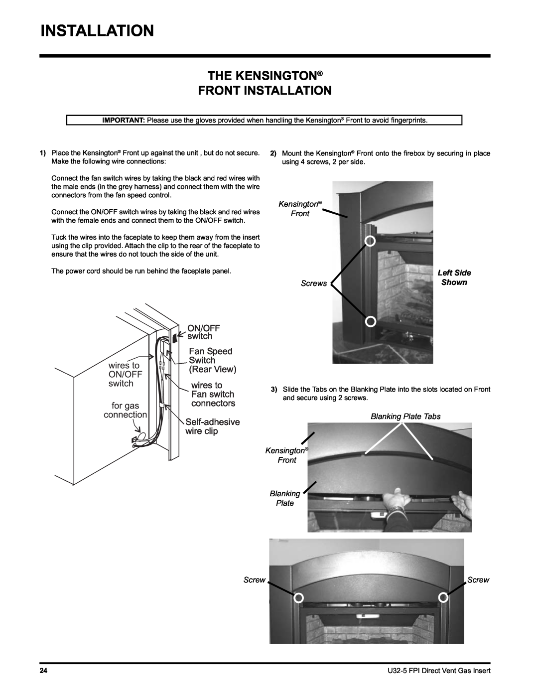 Hampton Direct U32 installation manual The Kensington Front Installation, Left Side, ScrewsShown, Plate 