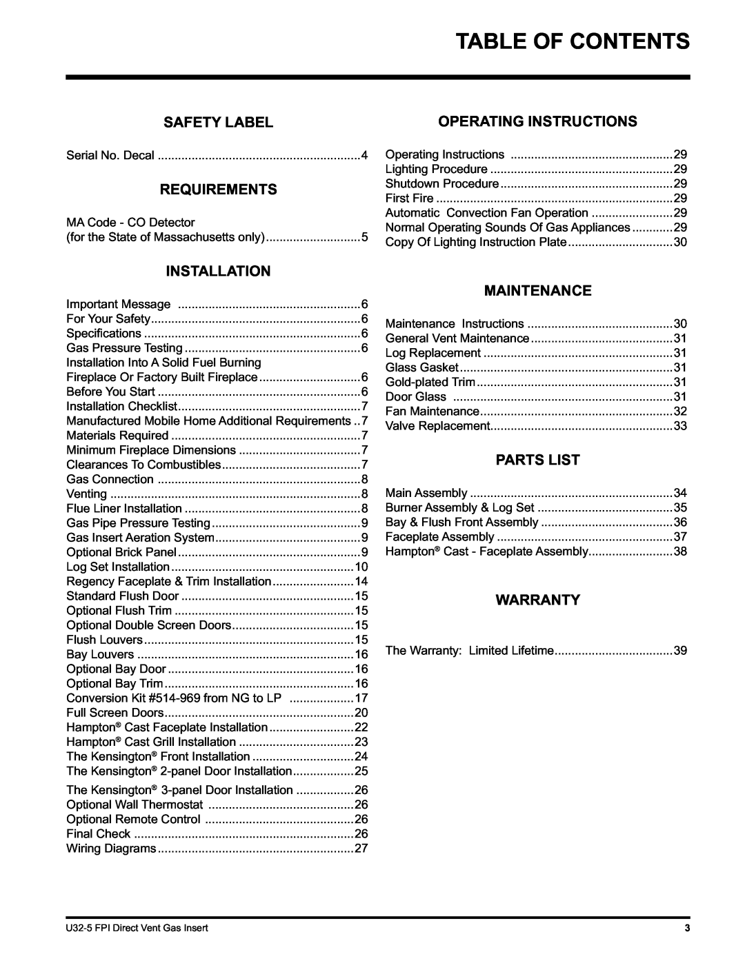 Hampton Direct U32 Table Of Contents, Safety Label, Operating Instructions, Installation, Maintenance, Parts List 