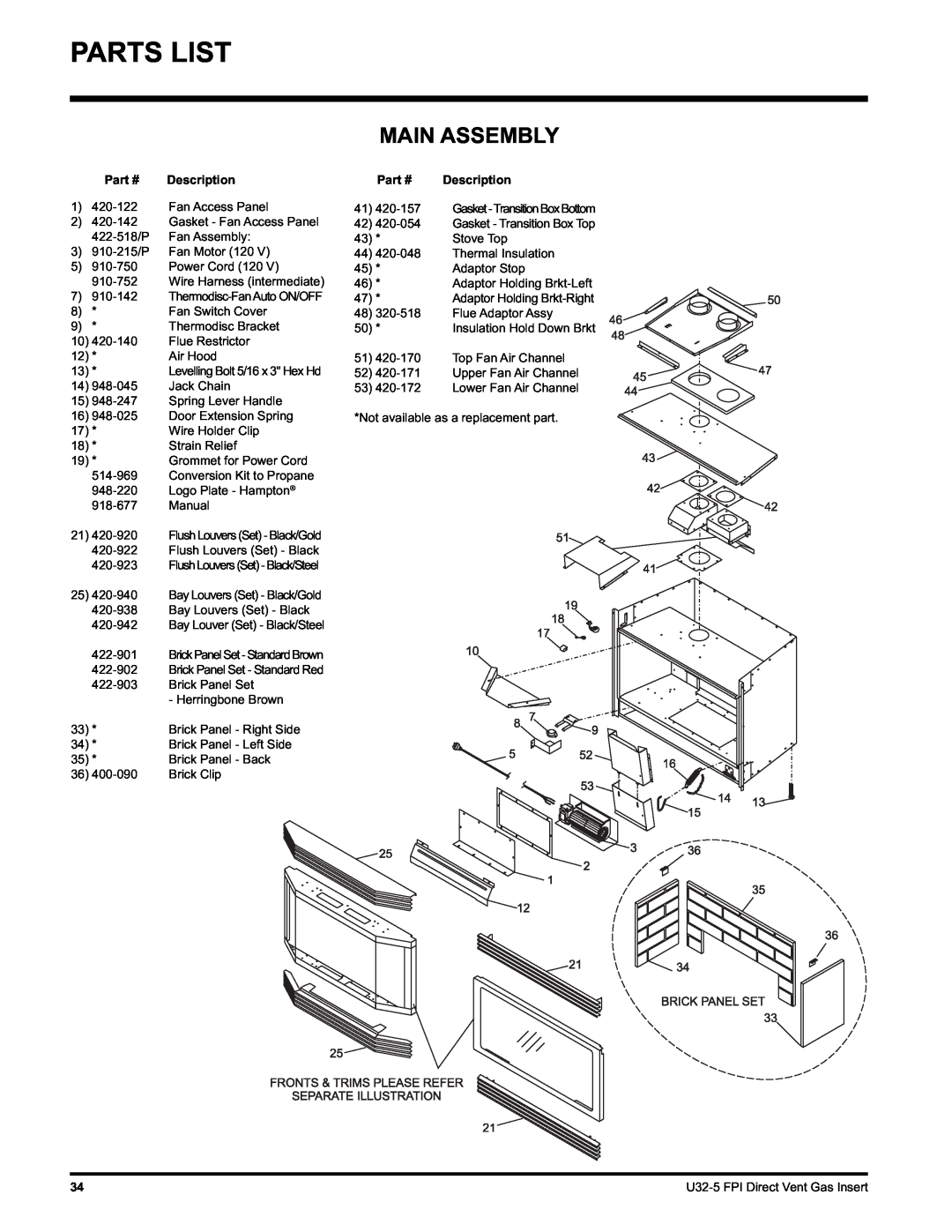 Hampton Direct U32 installation manual Parts List, Main Assembly, Description 