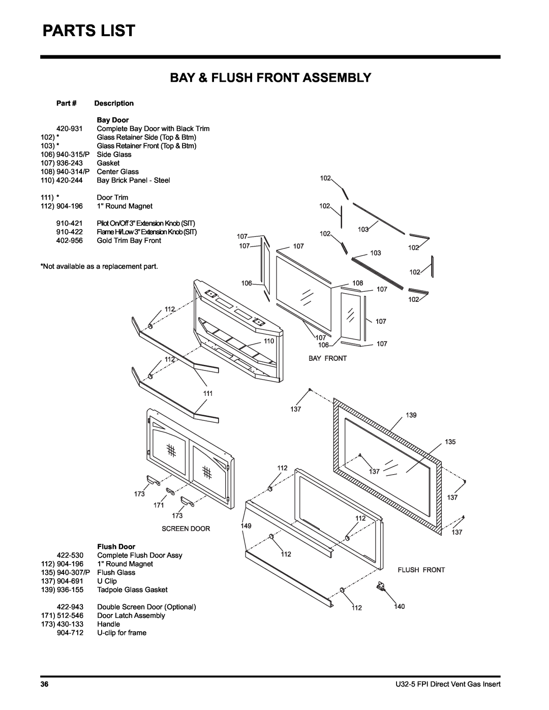 Hampton Direct U32 installation manual Parts List, Bay & Flush Front Assembly, Description, Bay Door, Flush Door 