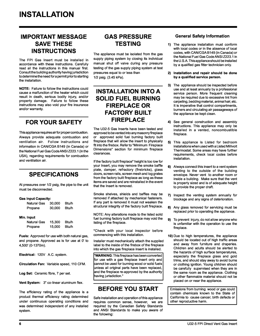 Hampton Direct U32 Installation, Important Message Save These Instructions, For Your Safety, Specifications, Min. Input 