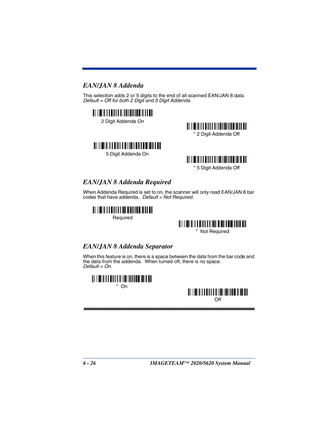 Hand Held Products 2020/5620 system manual EAN/JAN 8 Addenda Required, EAN/JAN 8 Addenda Separator 