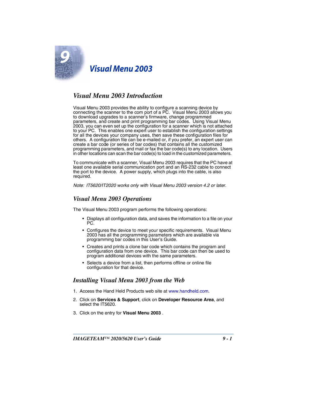 Hand Held Products 2020/5620 system manual Visual Menu 2003 Introduction, Visual Menu 2003 Operations 