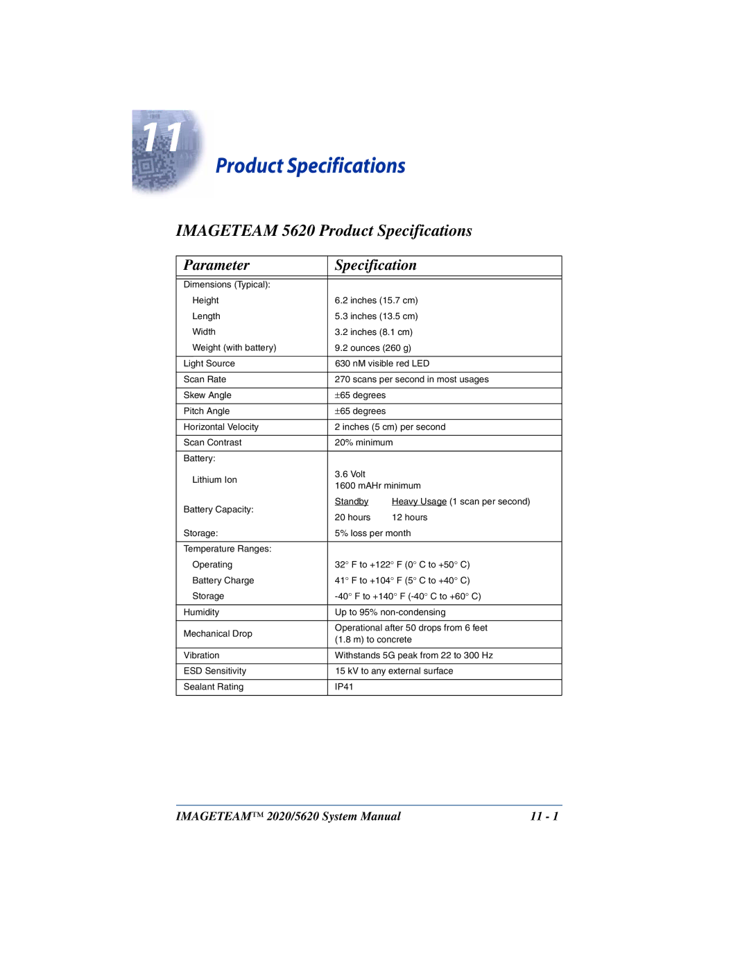 Hand Held Products 2020/5620 system manual Imageteam 5620 Product Specifications, Parameter Specification 