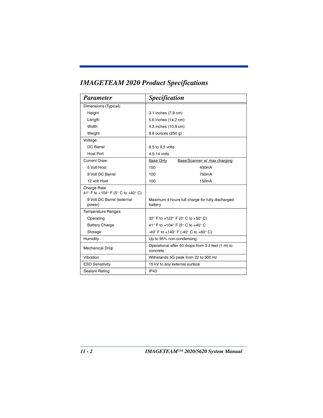 Hand Held Products 2020/5620 system manual Imageteam 2020 Product Specifications 