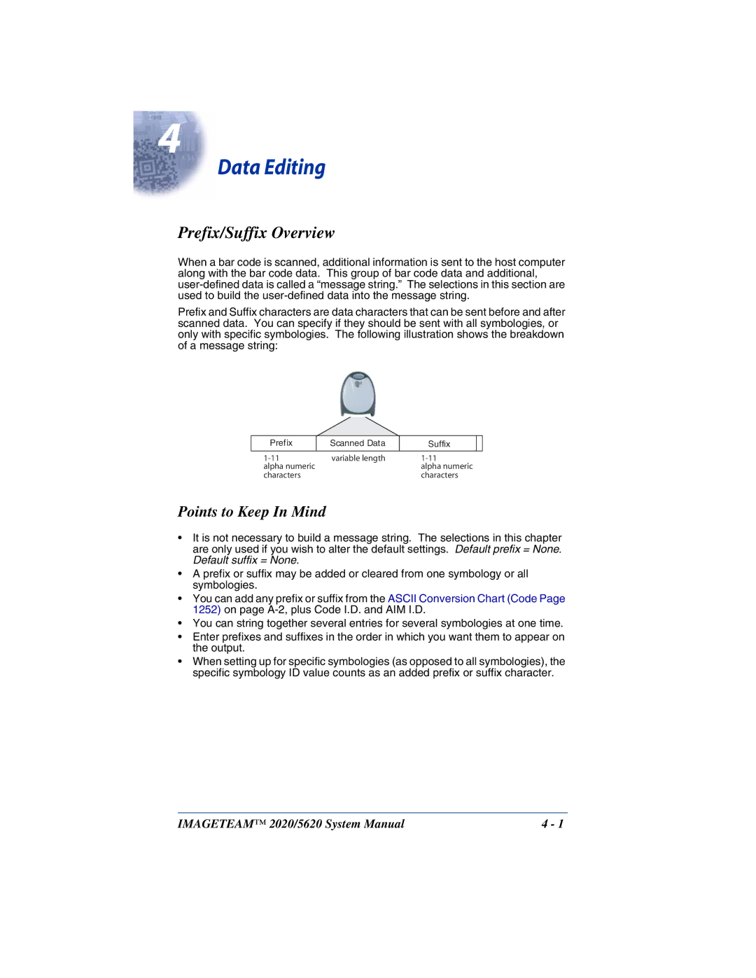 Hand Held Products 2020/5620 system manual Data Editing, Prefix/Suffix Overview, Points to Keep In Mind 