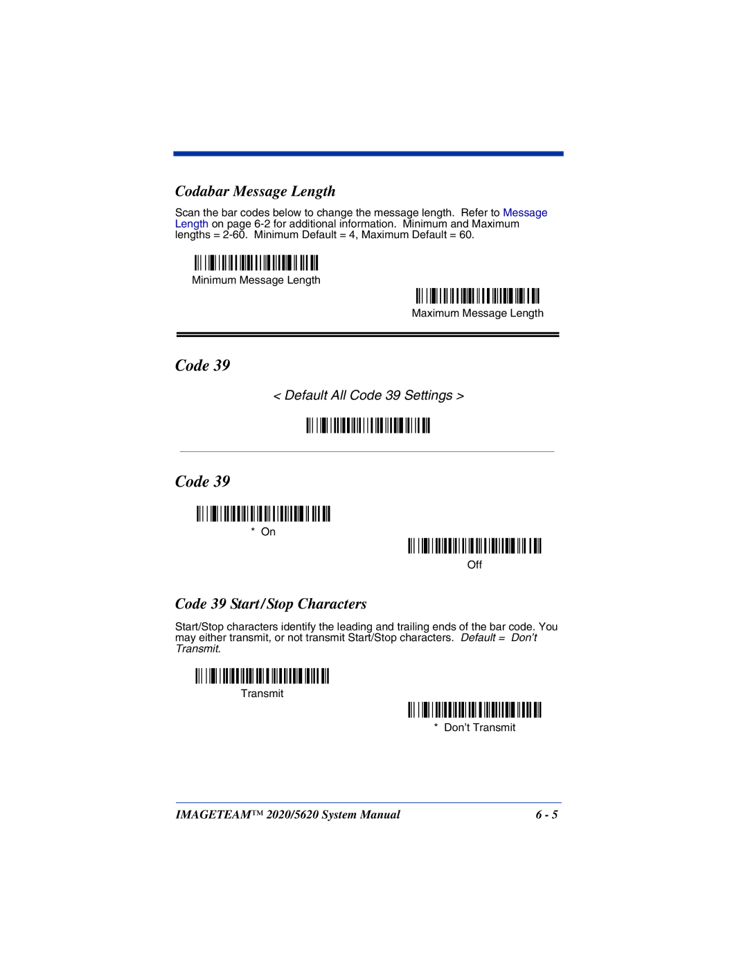 Hand Held Products 2020/5620 system manual Codabar Message Length, Code 39 Start/Stop Characters 