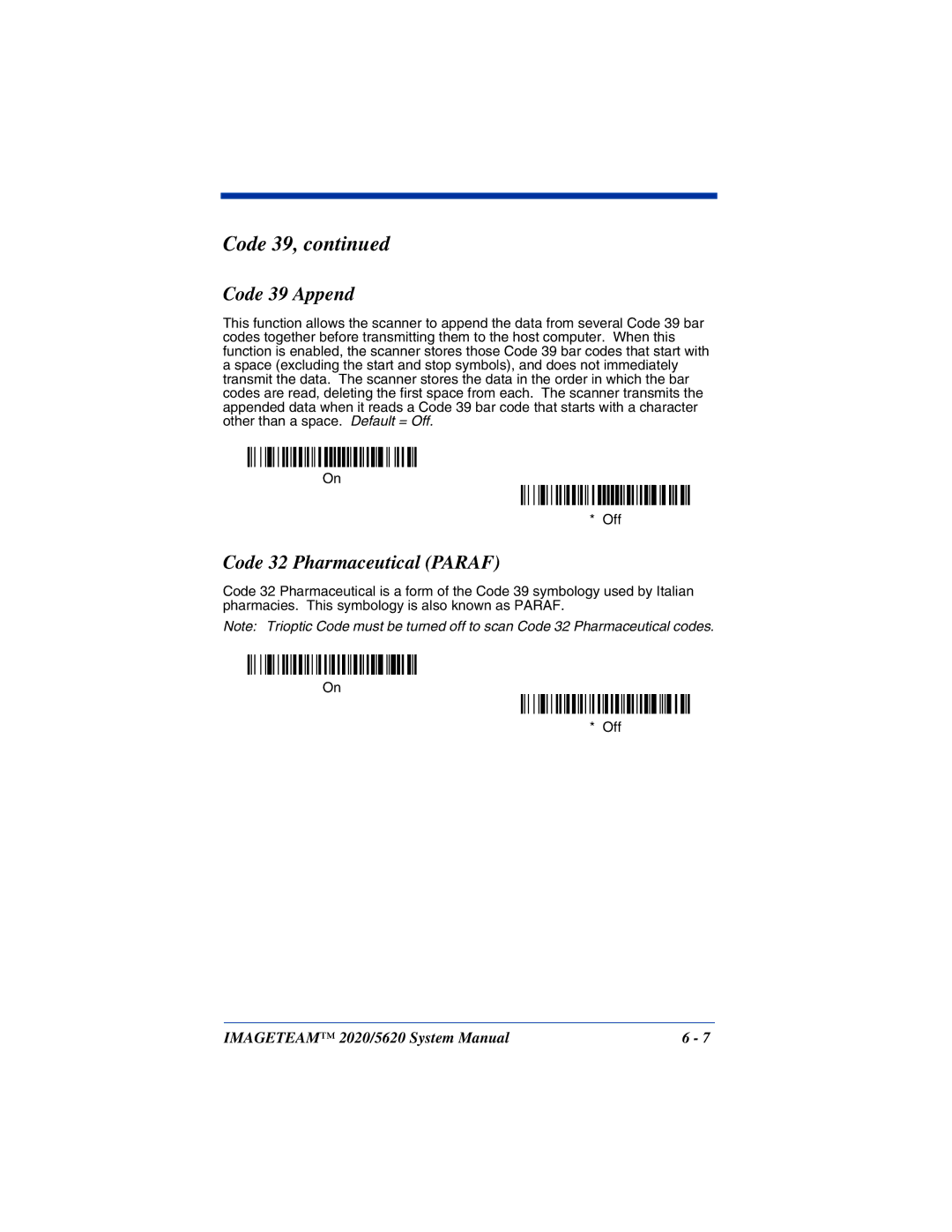 Hand Held Products 2020/5620 system manual Code 39 Append, Code 32 Pharmaceutical Paraf 