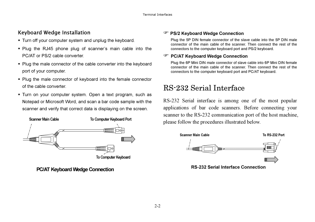 Hand Held Products 3060, 3220, 3080 RS-232 Serial Interface, Keyboard Wedge Installation, PS/2 Keyboard Wedge Connection 