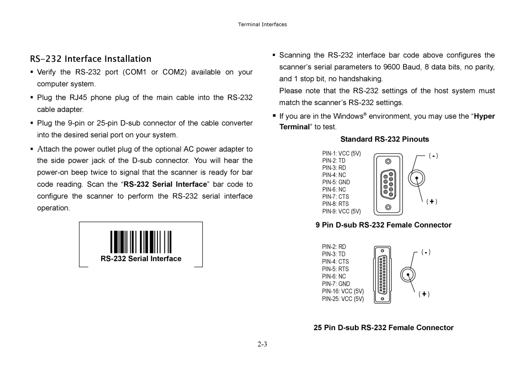 Hand Held Products 3220, 3060, 3080 manual RS-232 Interface Installation, RS-232 Serial Interface, Standard RS-232 Pinouts 