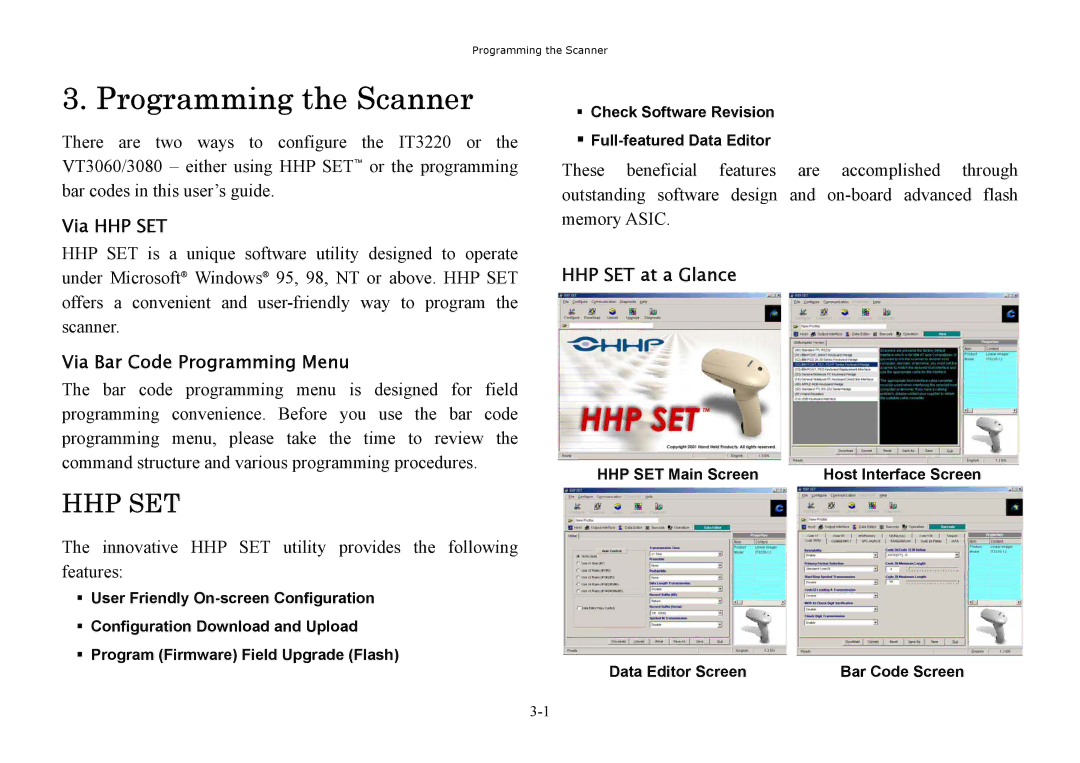 Hand Held Products 3060, 3220, 3080 manual Via HHP SET, Via Bar Code Programming Menu, HHP SET at a Glance 