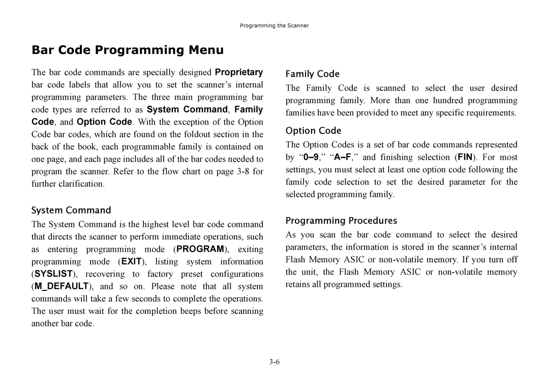 Hand Held Products 3080, 3060 Bar Code Programming Menu, System Command, Family Code, Option Code, Programming Procedures 