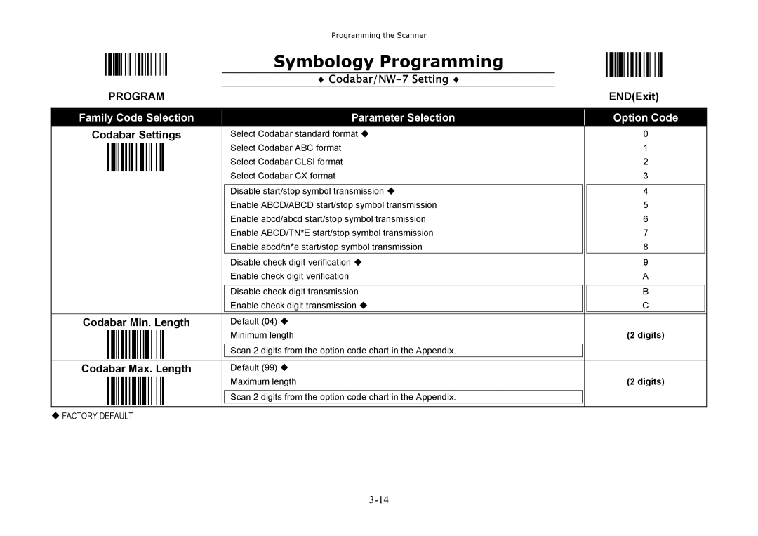 Hand Held Products 3220, 3060, 3080 manual Codabar/NW-7 Setting, Codabar Min. Length, Codabar Max. Length, Codabar Settings 