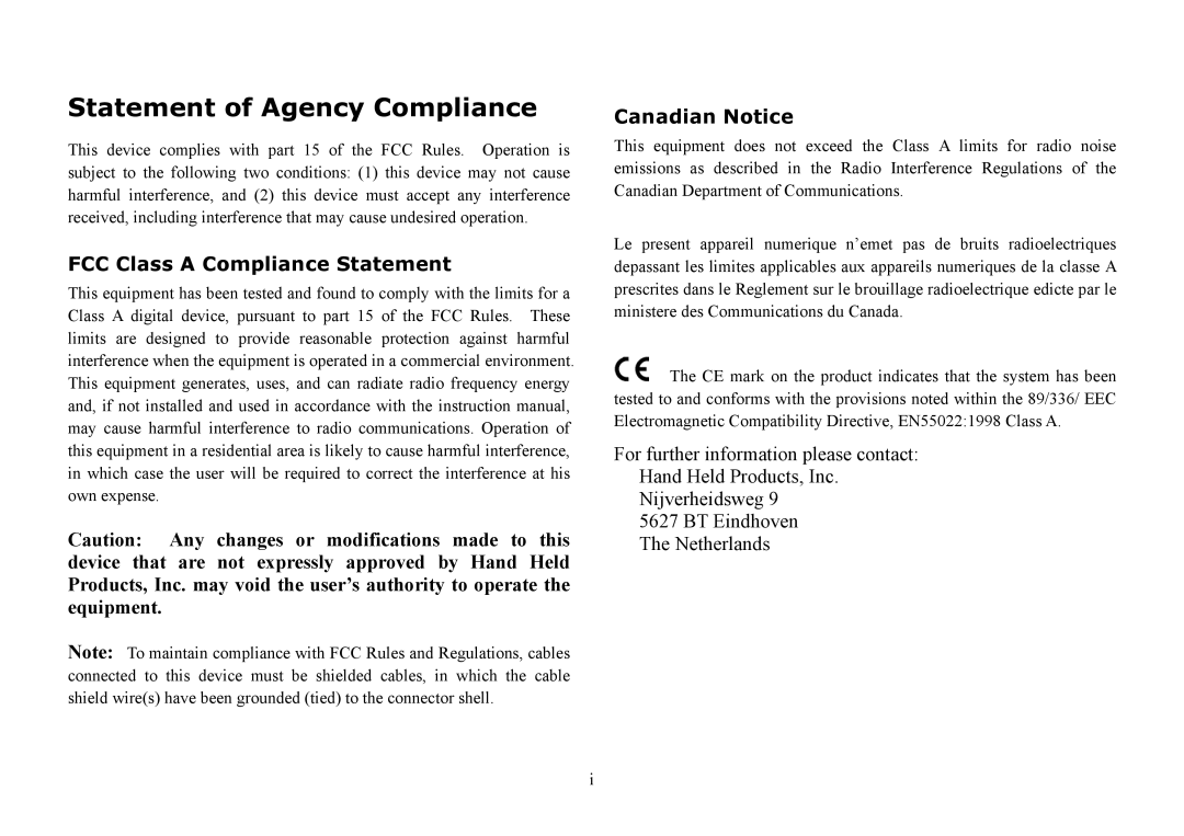 Hand Held Products 3060, 3220, 3080 manual Statement of Agency Compliance, FCC Class a Compliance Statement Canadian Notice 