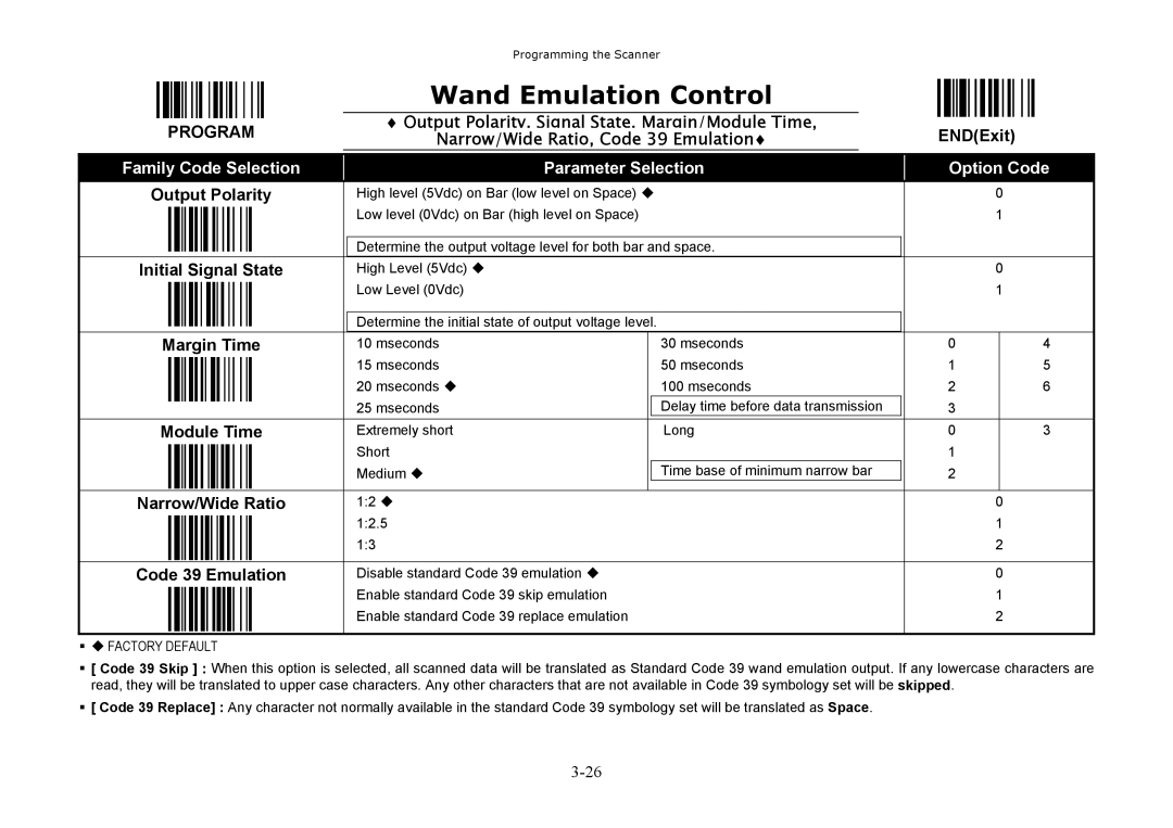 Hand Held Products 3220, 3060, 3080 manual Wand Emulation Control, Narrow/Wide Ratio, Code 39 Emulation 