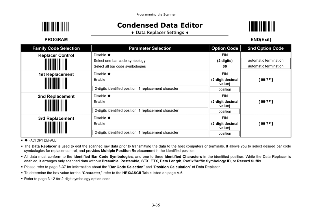 Hand Held Products 3220, 3060 Data Replacer Settings, Replacer Control, 1st Replacement, 3rd Replacement, 2nd Replacement 