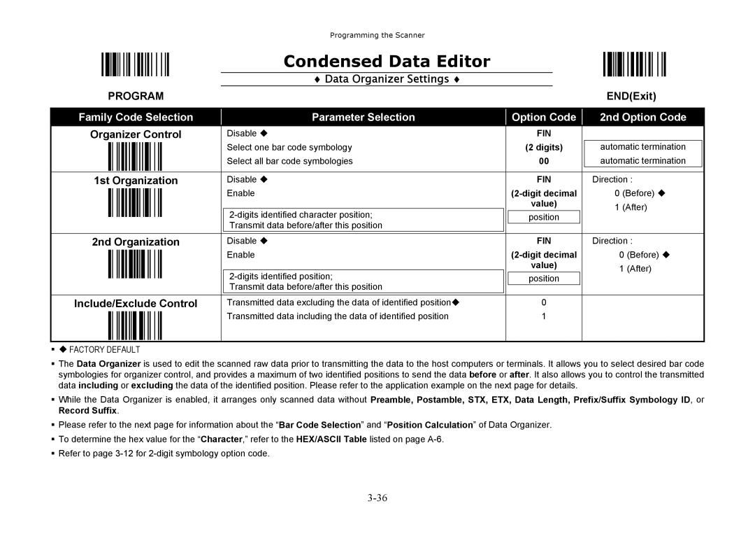 Hand Held Products 3080, 3060, 3220 manual Data Organizer Settings, Organizer Control, 1st Organization, 2nd Organization 