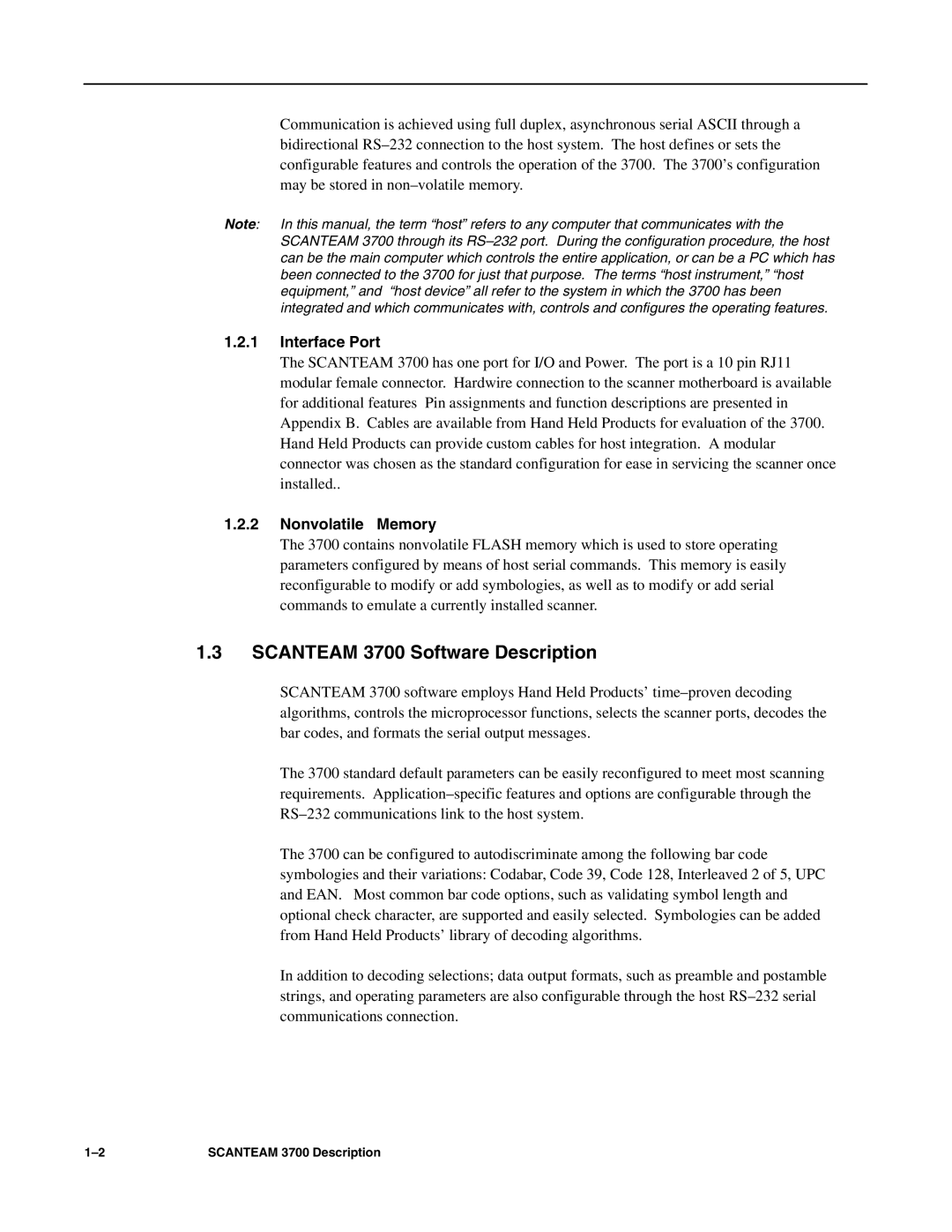 Hand Held Products 3700 CCD manual Scanteam 3700 Software Description, Interface Port, Nonvolatile Memory 
