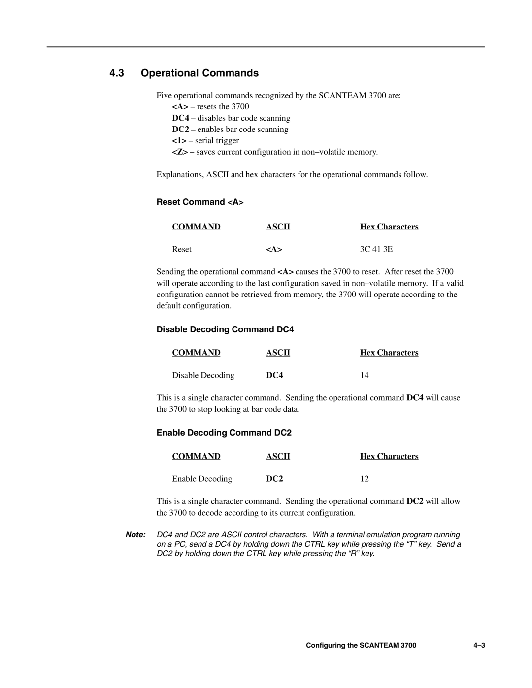 Hand Held Products 3700 CCD manual Operational Commands, Reset Command a, Disable Decoding Command DC4 
