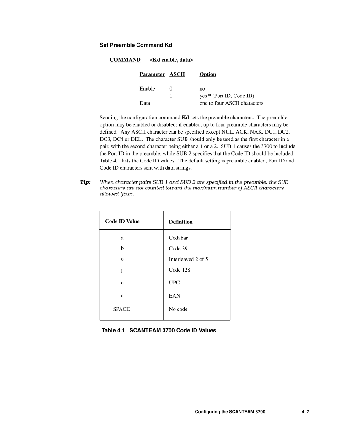 Hand Held Products 3700 CCD Command Kd enable, data Parameter, Code ID Value Definition, Scanteam 3700 Code ID Values 