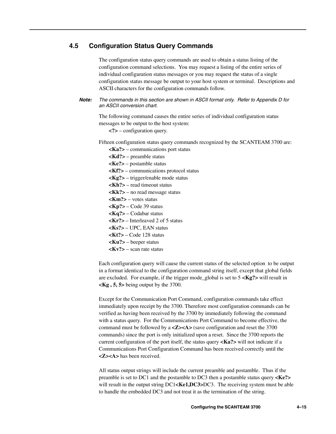 Hand Held Products 3700 CCD manual Configuration Status Query Commands 