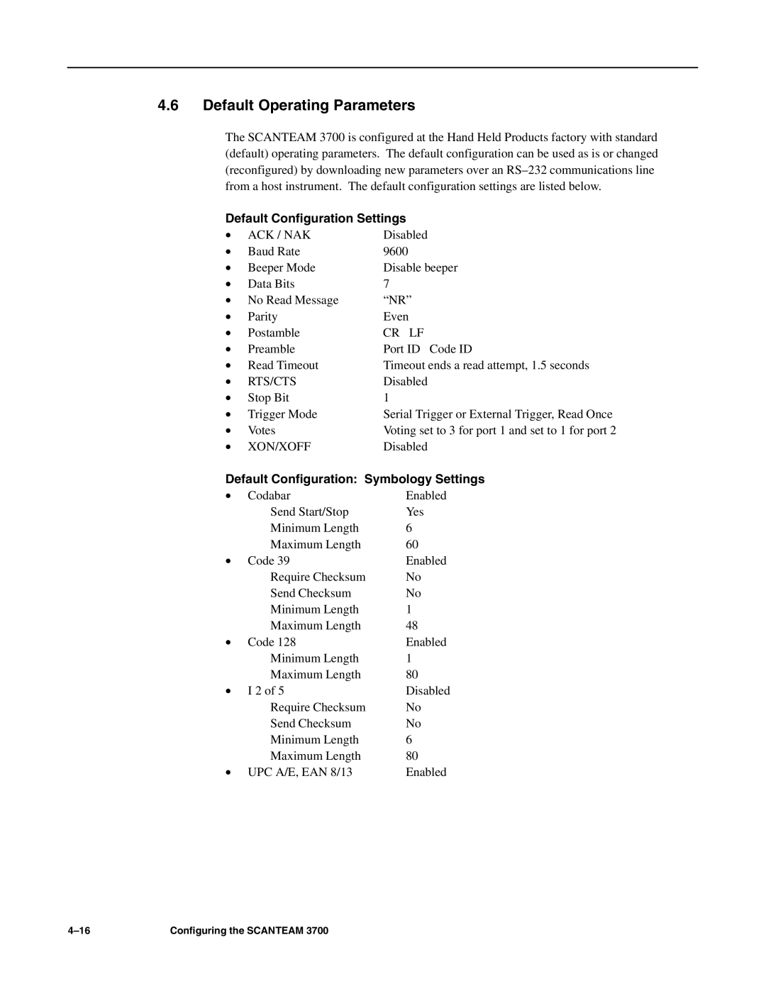 Hand Held Products 3700 CCD manual Default Operating Parameters, Default Configuration Settings 