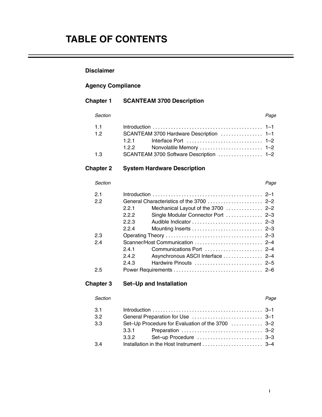 Hand Held Products 3700 CCD manual Table of Contents 