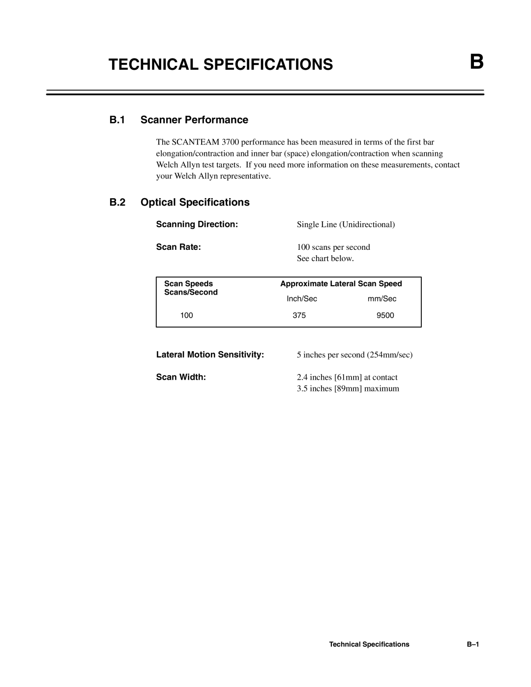 Hand Held Products 3700 CCD manual Technical Specifications, Scanner Performance, Optical Specifications 