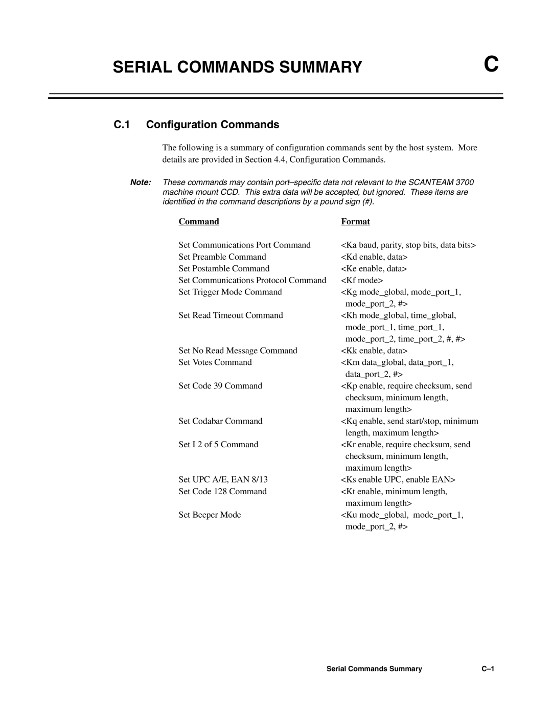 Hand Held Products 3700 CCD manual Serial Commands Summary, Command Format 