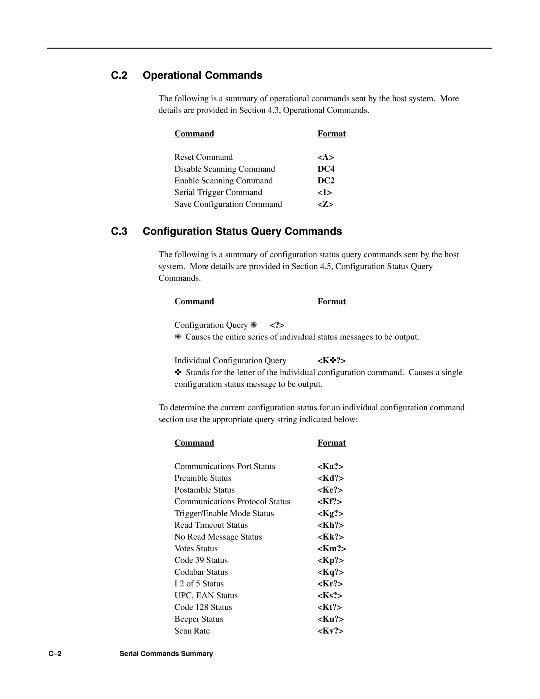 Hand Held Products 3700 CCD CommandFormat, Individual Configuration Query, Ka?, Kd?, Ke?, Kf?, Kg?, Kh?, Kk?, Km?, Kp? 