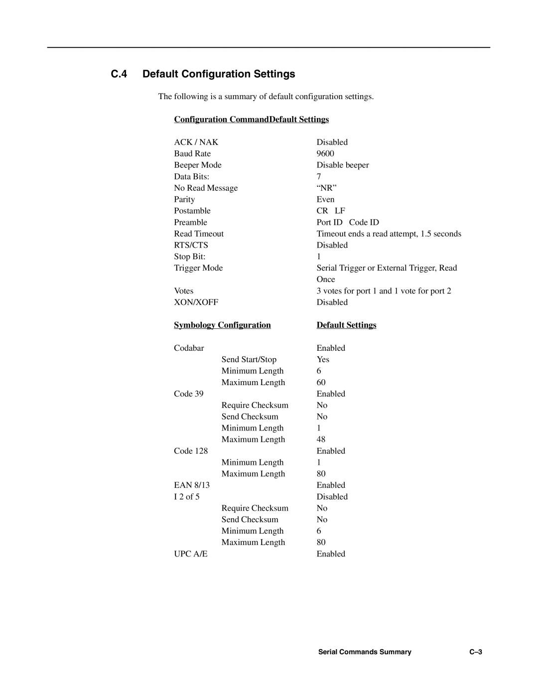 Hand Held Products 3700 CCD manual Default Configuration Settings, Configuration CommandDefault Settings 