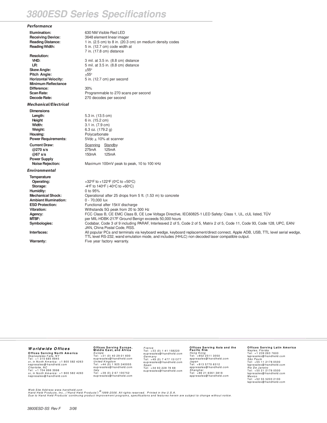 Hand Held Products 3800ESD warranty Performance, Mechanical/Electrical, Environmental, Vhd, Mtbf 