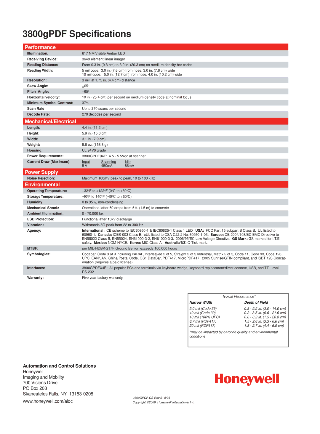 Hand Held Products 3800gPDF warranty Performance, Mechanical/Electrical, Power Supply, Environmental 