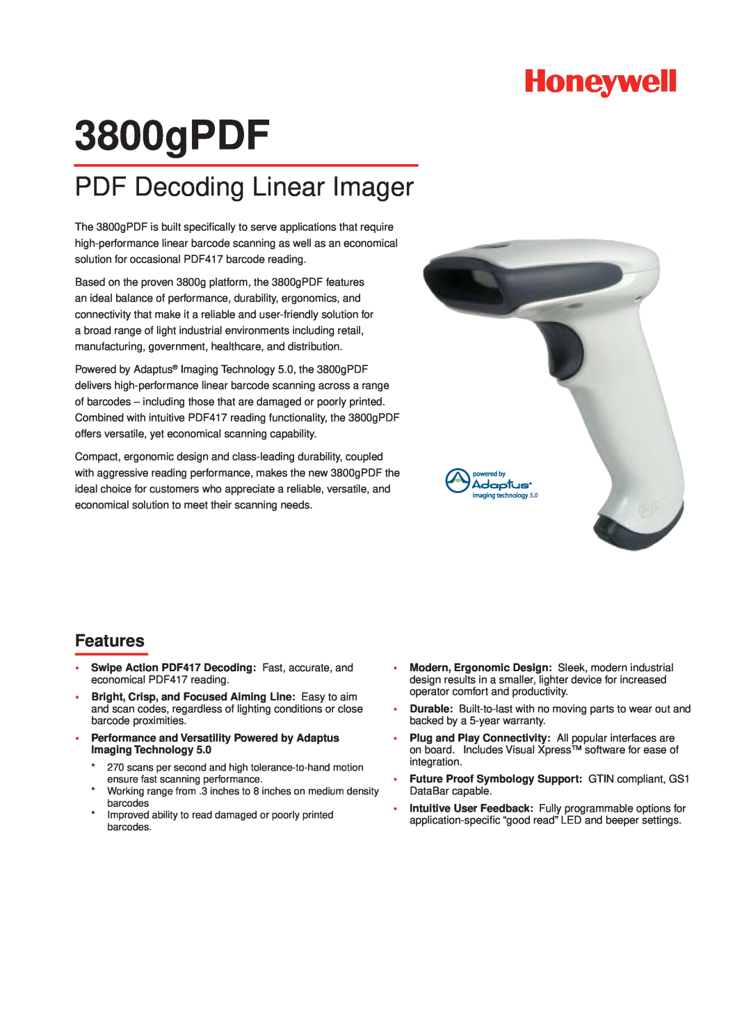 Hand Held Products 3800gPDF warranty PDF Decoding Linear Imager, Features 