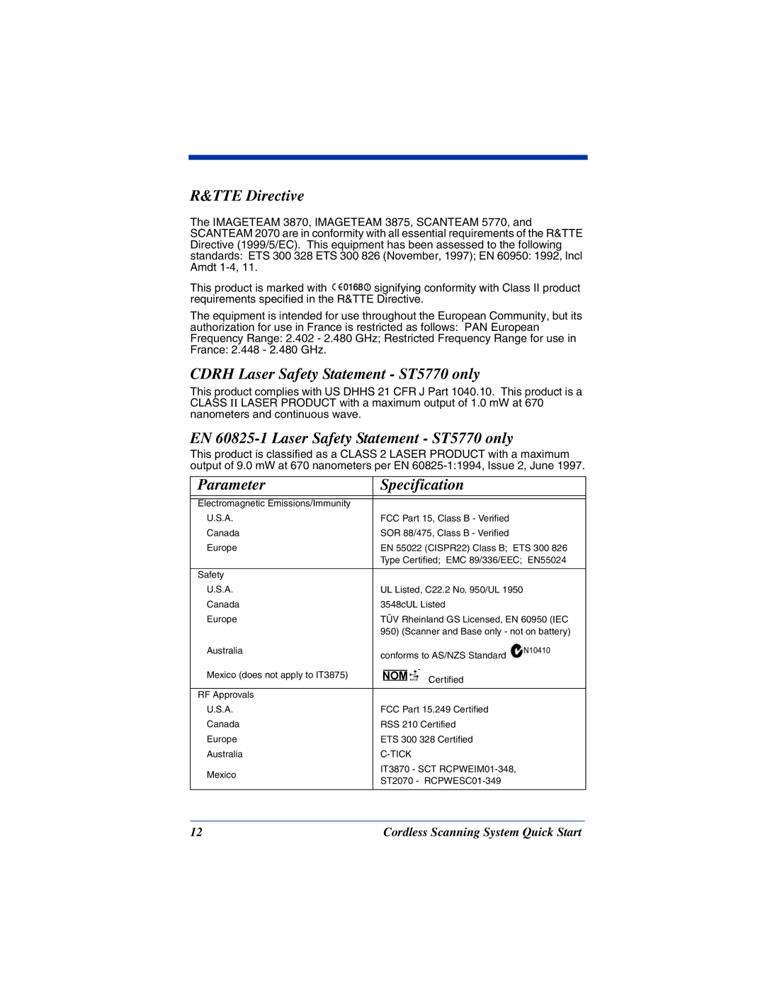 Hand Held Products 3875, 2070, 3870 TTE Directive, Cdrh Laser Safety Statement ST5770 only, Parameter Specification 