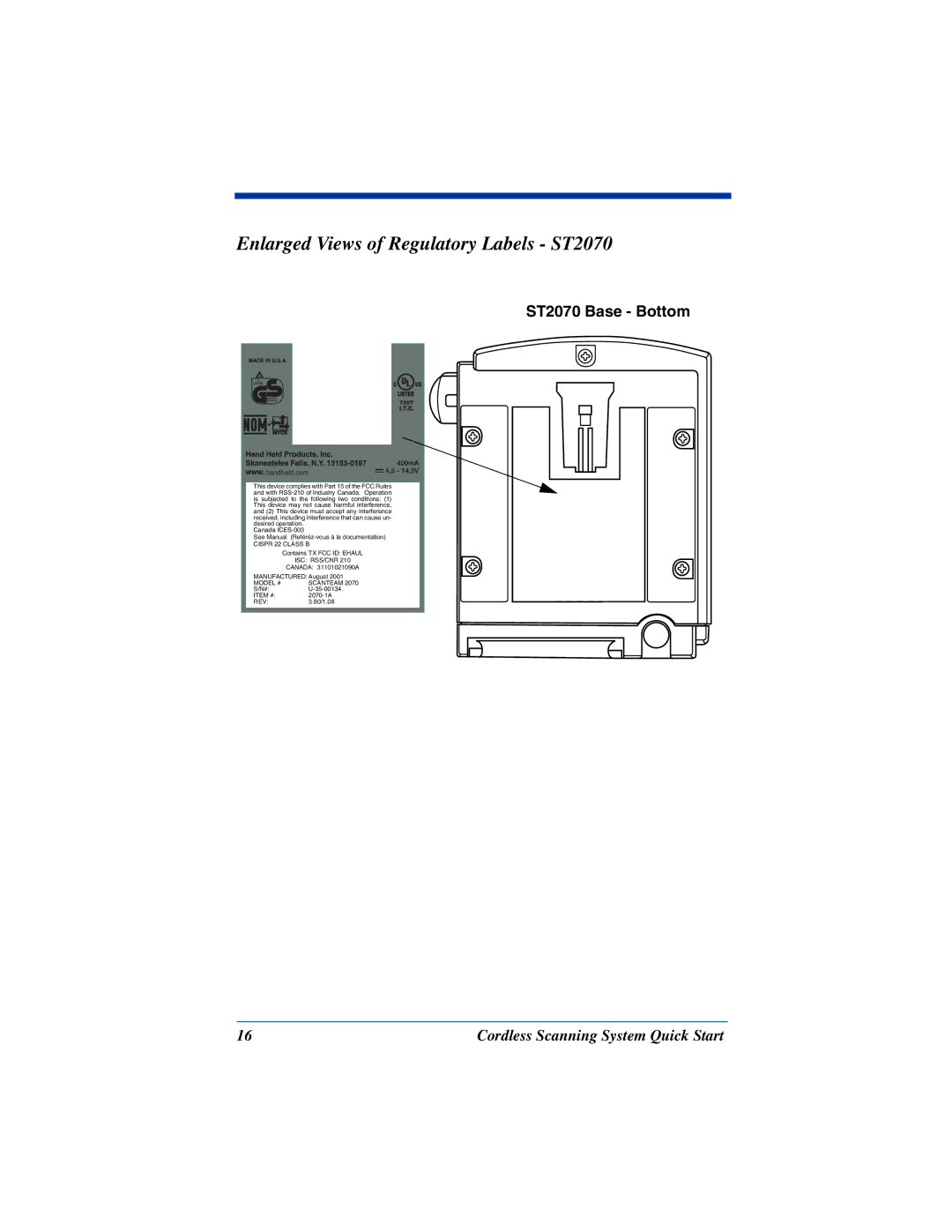 Hand Held Products 3875, 5770, 3870 quick start Enlarged Views of Regulatory Labels ST2070, ST2070 Base Bottom 