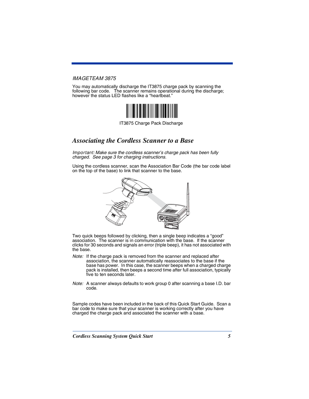 Hand Held Products 2070, 3875, 5770, 3870 quick start Associating the Cordless Scanner to a Base, Imageteam 