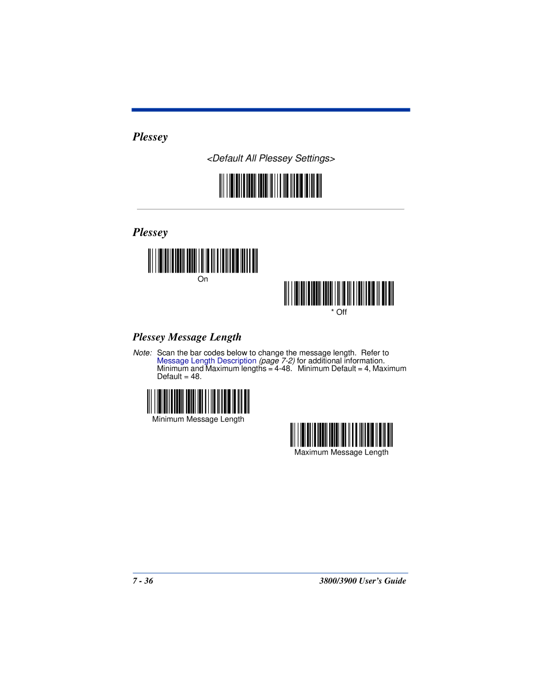 Hand Held Products 3900, 3800 manual Plessey Message Length 