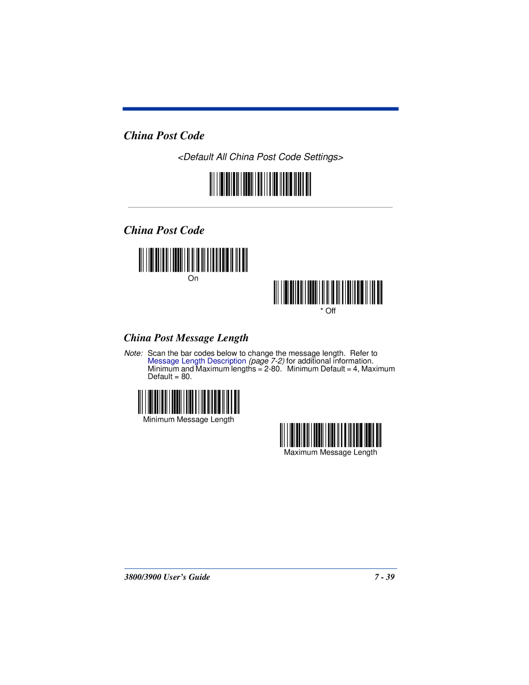 Hand Held Products 3800, 3900 manual China Post Code, China Post Message Length 