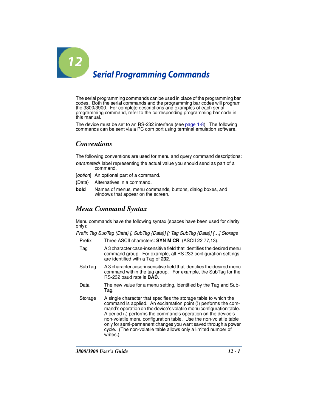 Hand Held Products 3800, 3900 manual Serial Programming Commands, Conventions, Menu Command Syntax 