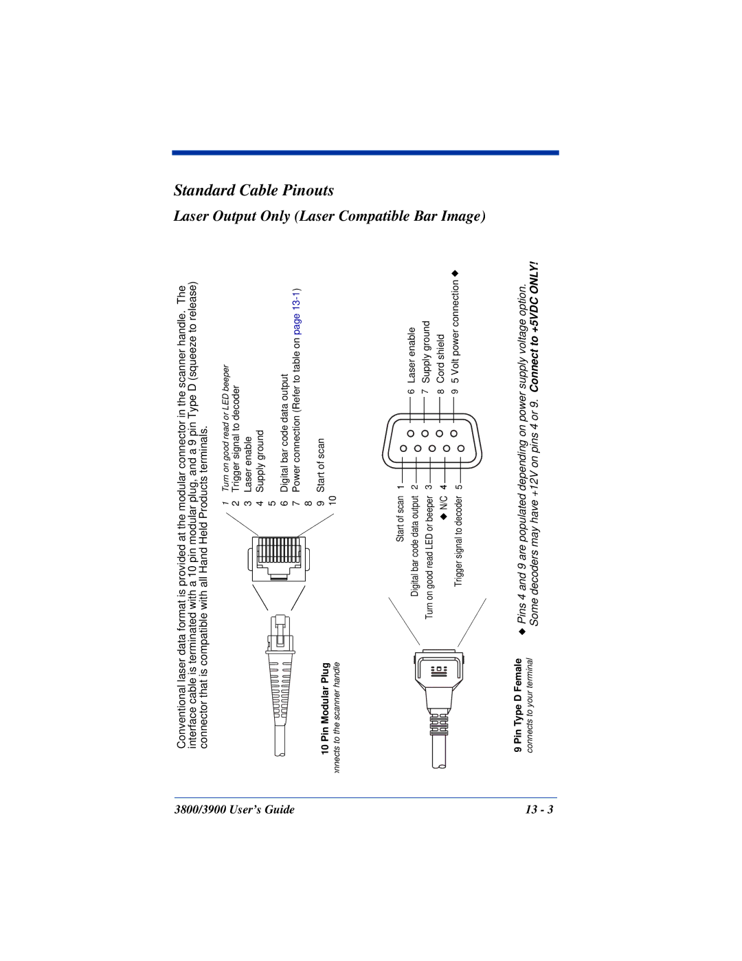 Hand Held Products 3800, 3900 manual Standard, Laser, Cable Pinouts, Compatible, Bar Image 