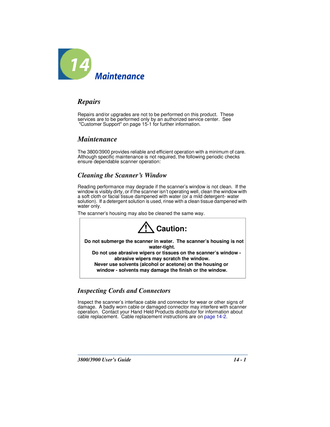 Hand Held Products 3800, 3900 manual Maintenance, Repairs, Cleaning the Scanner’s Window, Inspecting Cords and Connectors 
